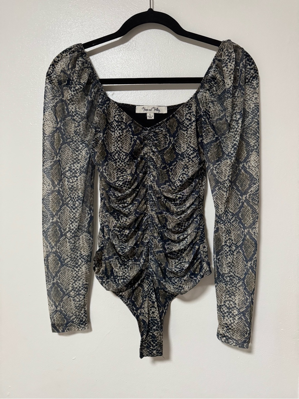 Ruched Snake-Print Long Sleeve Bodysuit in Neutral/Blue